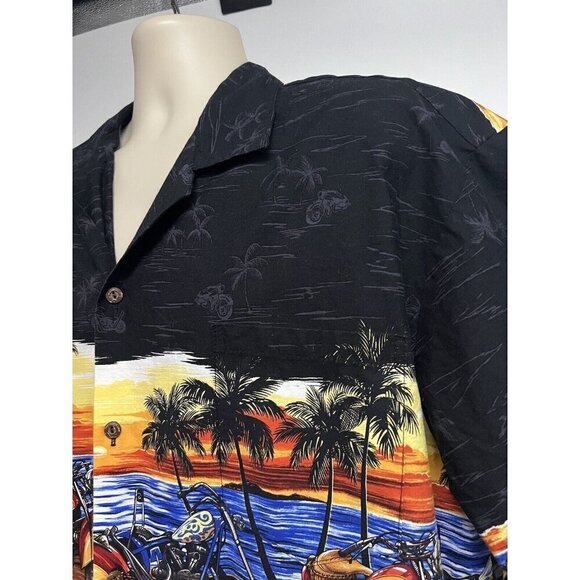 KYs Vintage Black Hawaiian Aloha Button Front Shirt 2XL Pocket Motorcycle USA - Picture 4 of 9
